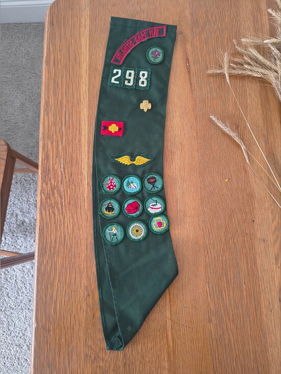 Girl Scouts Accessories - 1970s Girl Scout Green Merit Badge Sash with Assorted Camp, outdoor badges